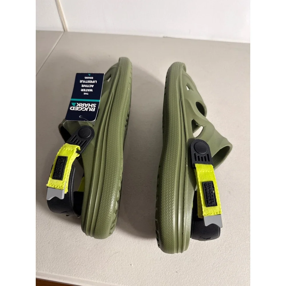 Rugged Shark Mens Water Sandals Olive Green Neon Yellow Sport Slide Size 12 NEW